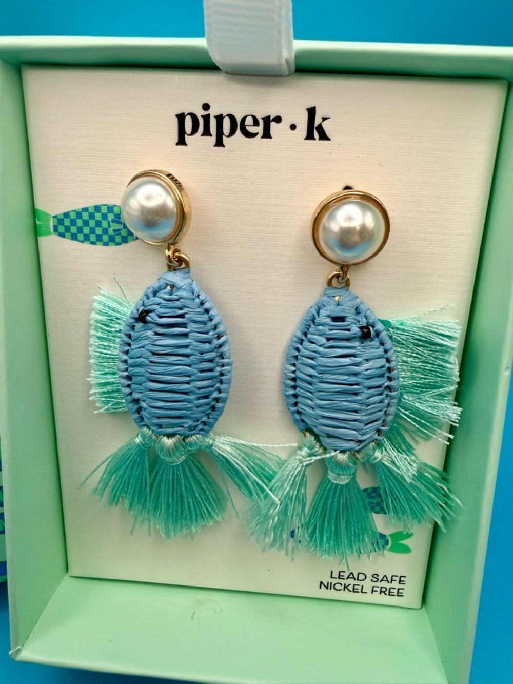 Piper K Blue and Mint Woven Fish Tassel Drop Earrings with Pearl Studs - Picture 2 of 4